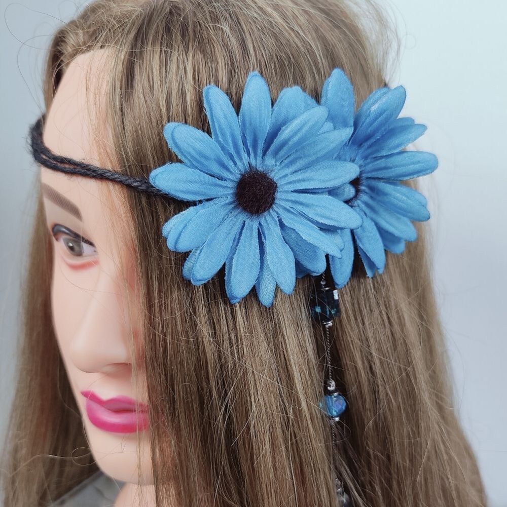 Handmade 20s Style Teal Flower Beaded Hippie Festival Headband, OS